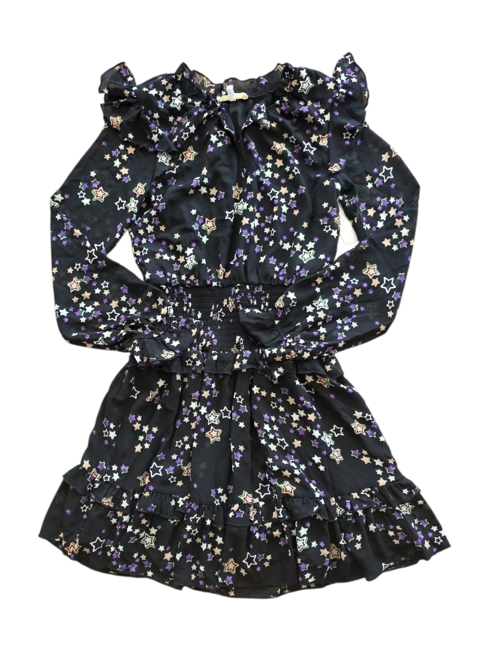 Hannah Banana Black Star-Print Ruffle Dress with Purple & Cream Stars Teen 14